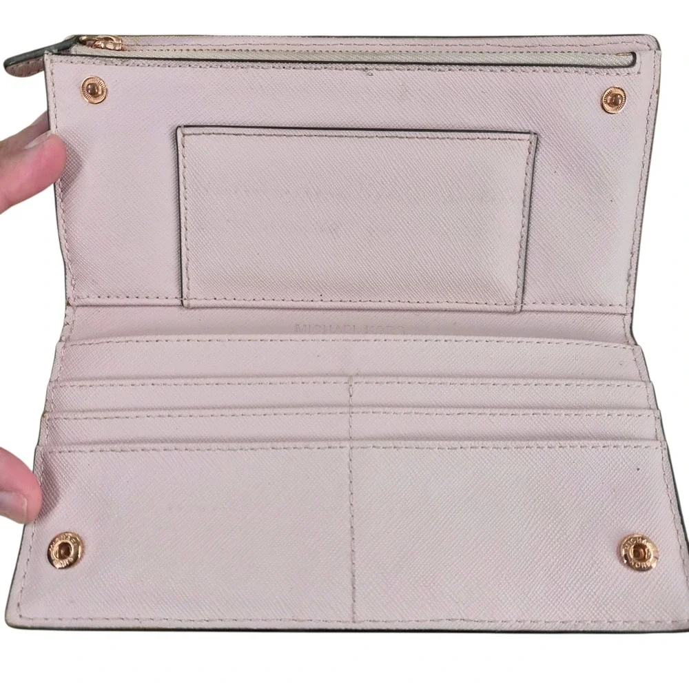 Michael Kors Pink Saffiano Leather Jet Set Bifold Slim Wallet Gold Logo